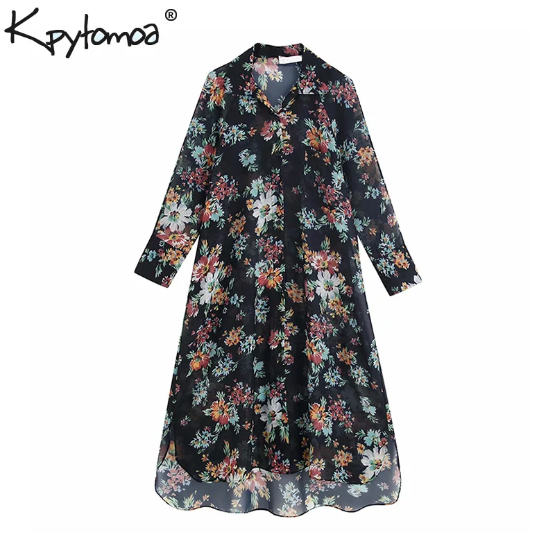 

Vintage Stylish Floral Print Chiffon Midi Shirt Dress Women 2019 Fashion Long Sleeve See Through Dresses Casual Vestidos Mujer