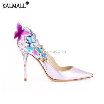 

KALMALL Big Size Spring Summer Fashion Pumps Black Pink Shoes Slip On Pointed Toe Beauty Tacones Butterfly Appliques High Heels