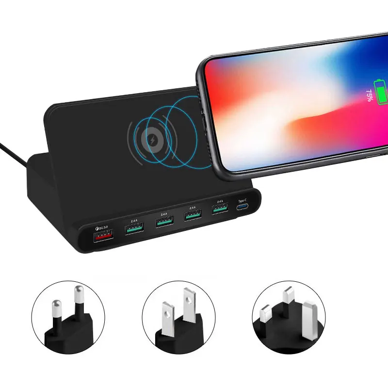 

QC3.0 wireless charger for tablet iphone samsung new multi 5 ports charger station type-c wireless quick charger us uk eu plug