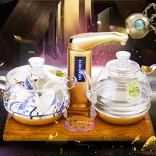 Полностью Интеллектуальный автоматический электрический чайник для воды с Золотая грушевидной формы деревянная основа стеклянный чайный набор для подогрева защита от перегрева