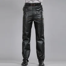 Черные брюки из натуральной кожи, мужские Модные Повседневные мотоциклетные штаны больших размеров, мужские брюки, мужские штаны из натуральной овчины