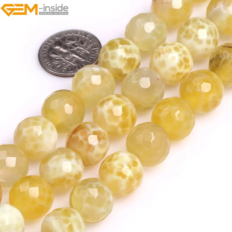 Gem inside 12mm Yellow Round Faceted Fire Agates Stone Beads For