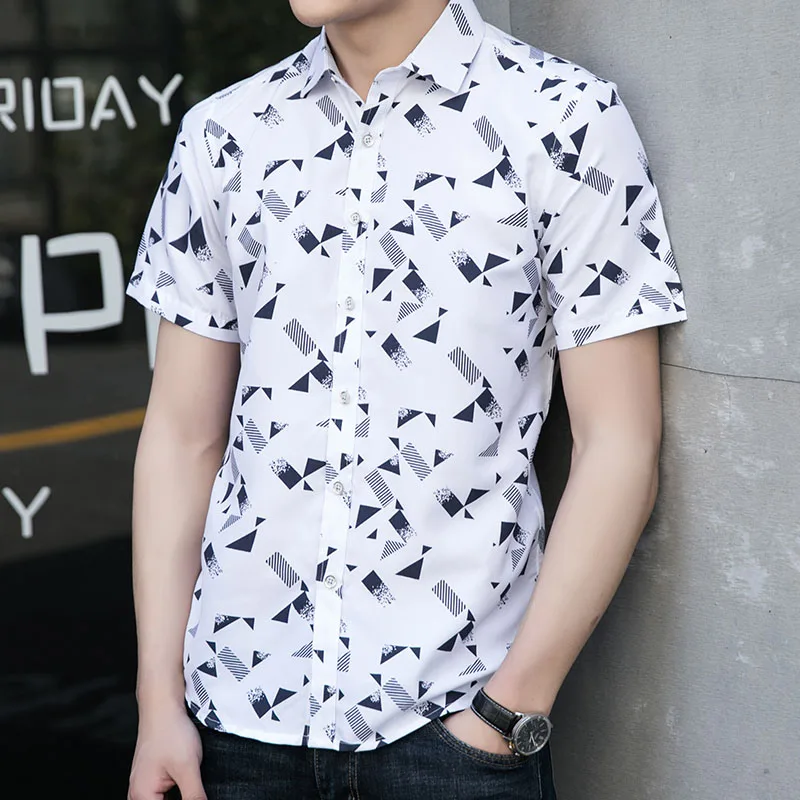 Корейская модная мужская рубашка с принтом, летняя повседневная хлопковая белая рубашка с коротким рукавом, приталенная Мужская одежда, 5XL 6XL 7XL