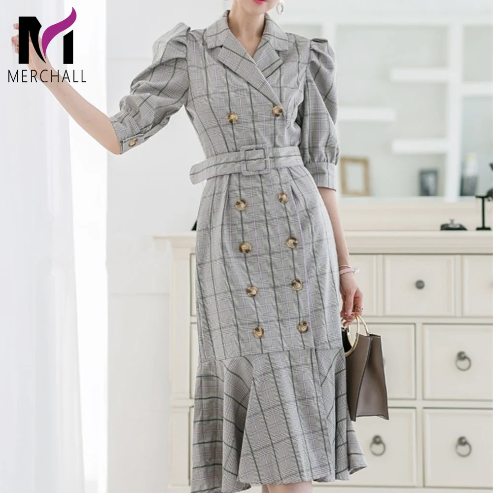 

2019 Summer Women Korean OL Double-Breasted Notched Plaid Dress With Belt Female Puff Sleeve Ruffled Trumpet Mermaid Dress