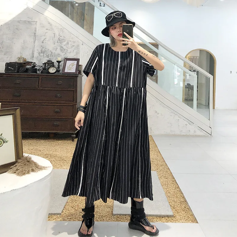 

Women Summer Short Sleeve Plus Size Loose Casual Striped Dress Female Streetwear Gothic Fashion Elegant Chic Long Dress Dresses