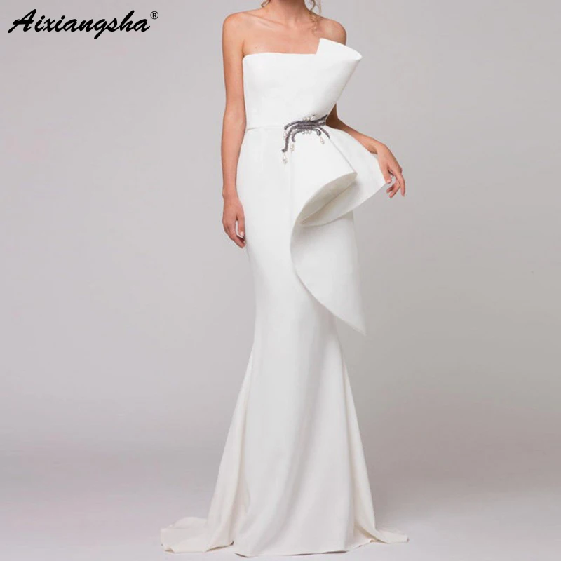 

Elegant Formal Dress White Evening Dresses 2019 Satin Ruffles Beaded Saudi Arabic Mermaid Evening Gown Long abendkleider
