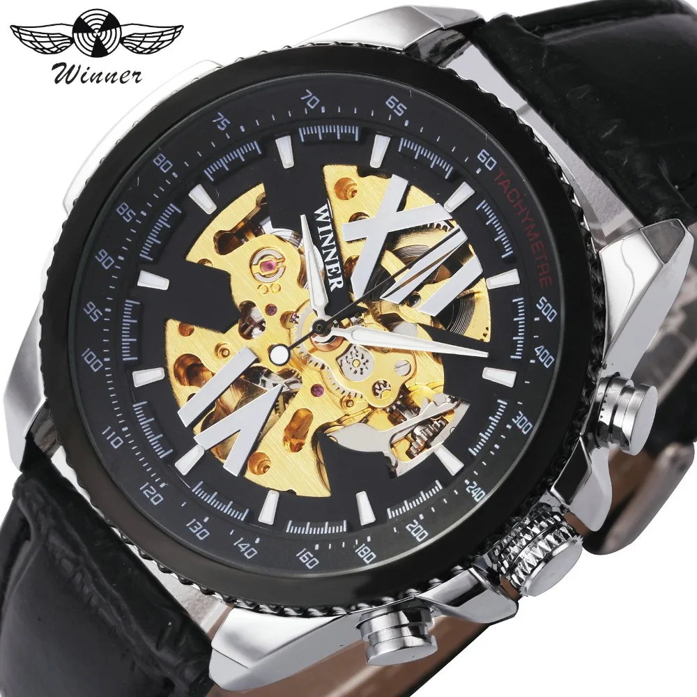 

WINNER Men Dress Fashion Automatic Mechanical Watch Leather Strap Super Roman Number Skeleton Dial Cool Black Design Wristwatch