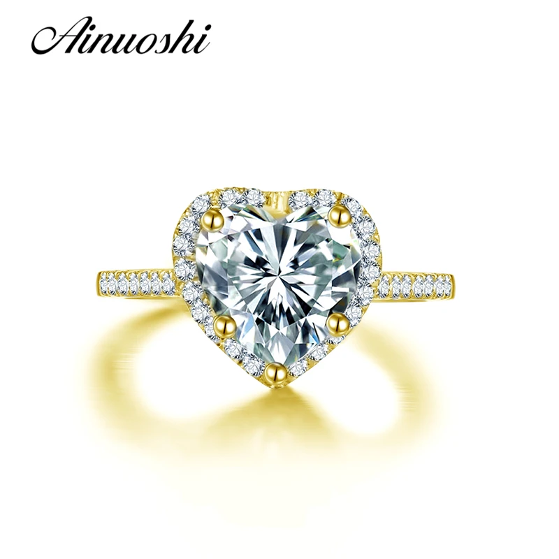 

AINUOSHI 10K Solid Yellow Gold Wedding Rings Heart Shape Halo Lovers Primise Bague 2 ct Simulated Diamond Women Engagement Ring