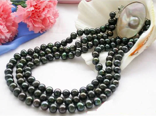 

Perfect Handmade Luck Jewellery,3Rows 22inches 10-12mm Peacockk Black Freshwater Pearl Necklace,Mabe Clasp