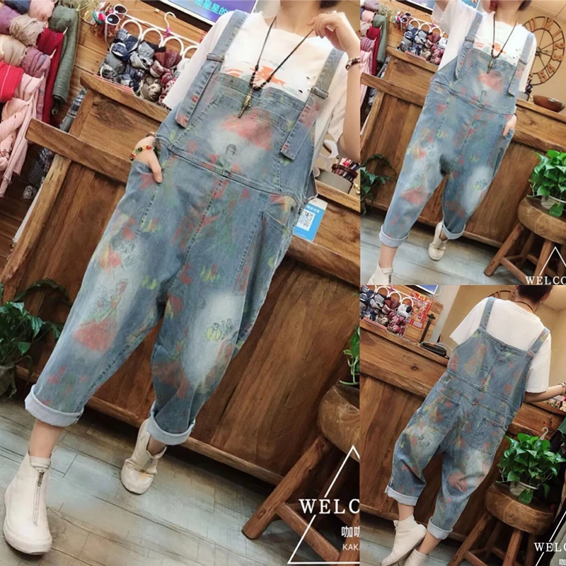 Free Shipping 2019 Fashion Painted Print Overalls Wide Leg Cotton Loose Jumpsuits And Rompers With Pockets Ankle Length Jumpsuit jumpsuits women spring strap button ankle length solid harajuku bf loose kawaii wide leg students womens all match trendy chic