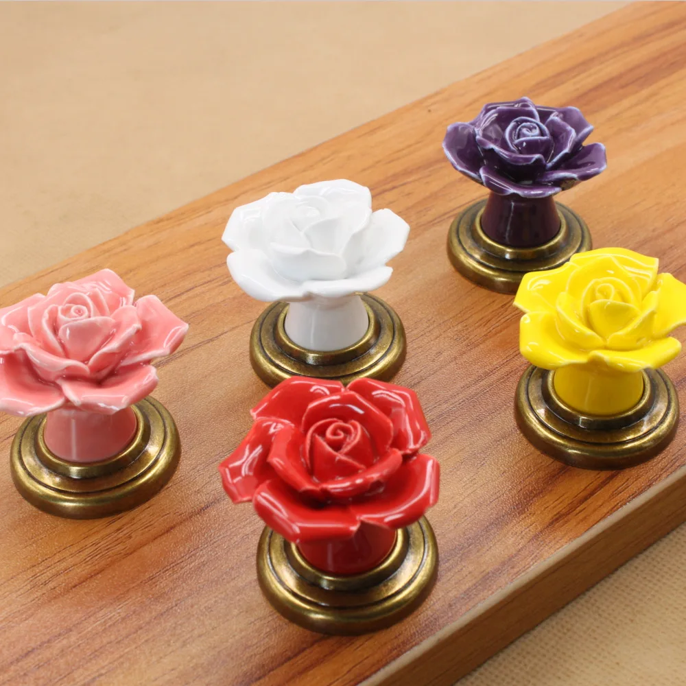 10Pcs Ceramic Rose Shaped Drawer Dresser Knobs Flower Purple