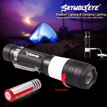 

SKYWOLFEYE T6 LED Flashlight Zoom Waterproof 3800 Lm 18650 Battery Torch 6 Modes + USB Cable For Outdoor Camping