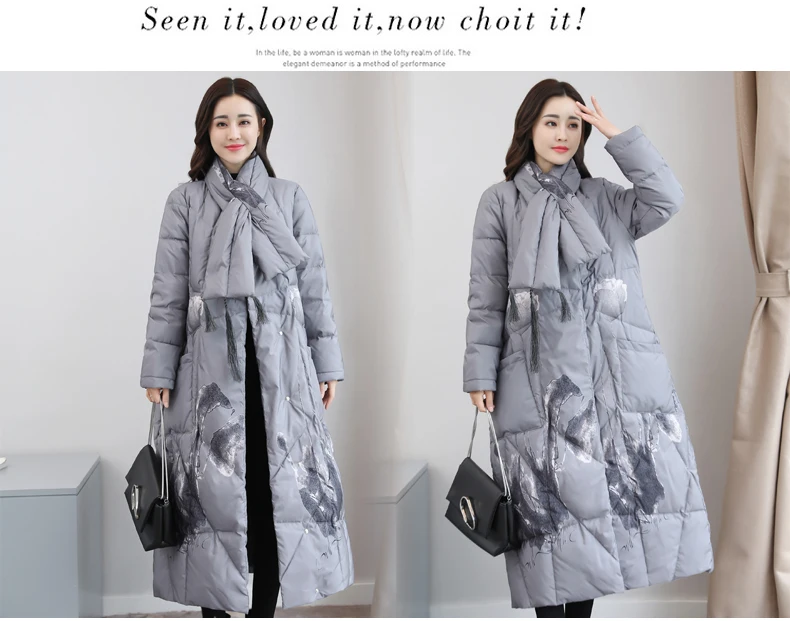 High Quality Winter Women's Ink and wash printing Chinese Style Vintage Long Down Coat