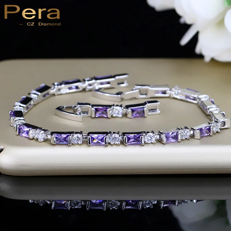 Pera Romantic Bridal Wedding Charm Bracelet Purple And White Big Square Shape Cubic Zirconia For Women Party Jewelry Gift B060