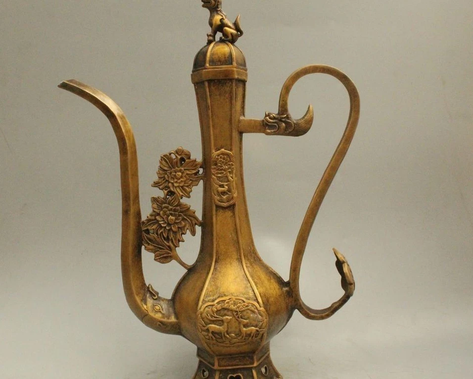 

16.5" China Dynasty Palace Copper Handle Two Deer Symbol Wine Tea Pot Flagon