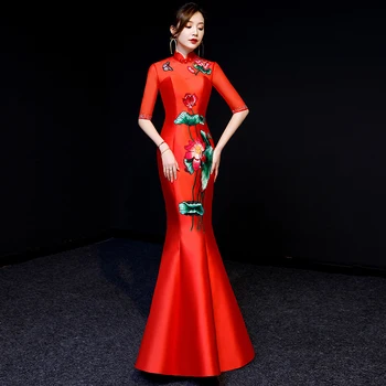 

Add Rhinestone Maxi Evening Dress Women Qipao Rayon Appliques Embroidery Floral Stage Show Clothing With Bandage Mermaid Dresses