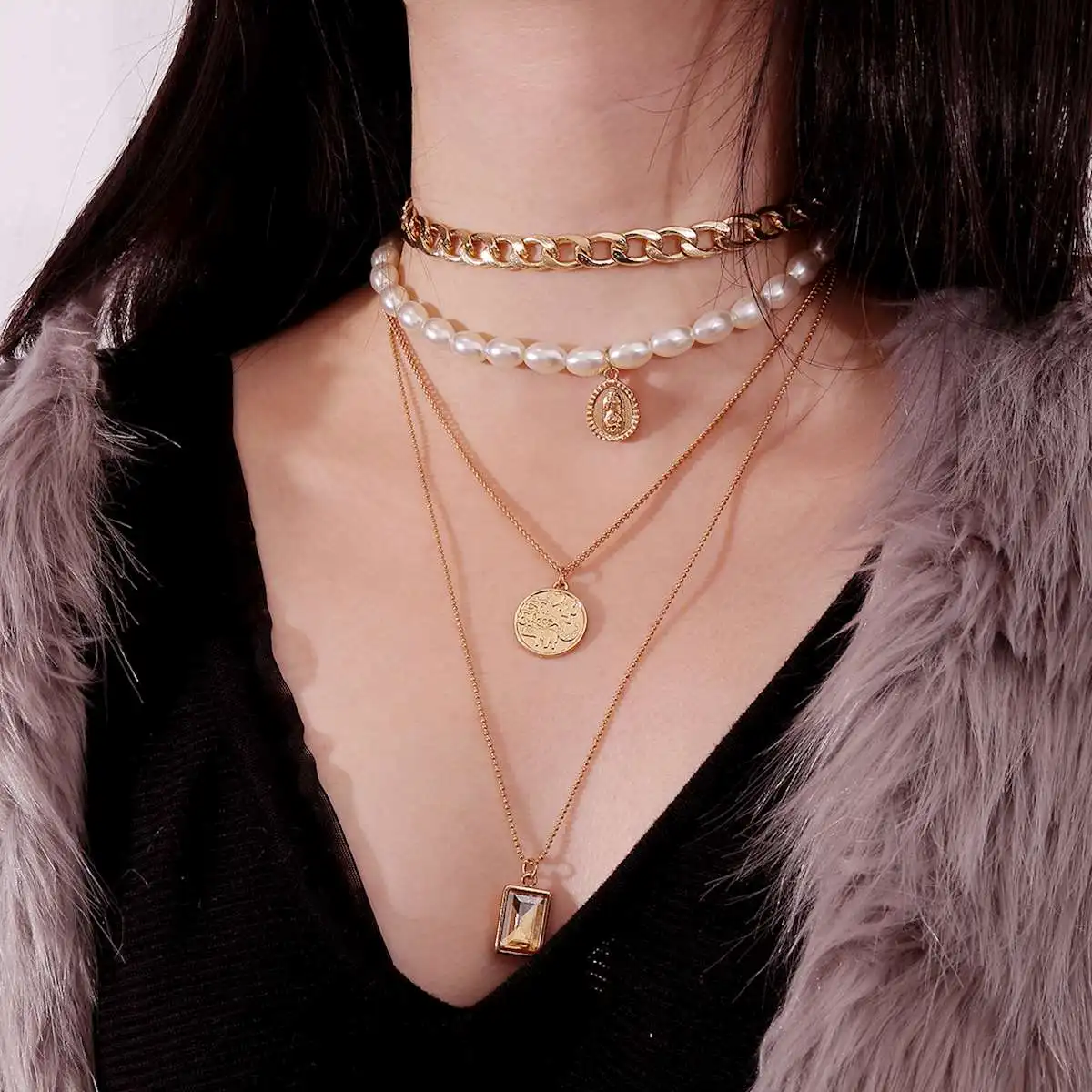 HUANZHI Новая мода золотистый цвет, много слоев цепочки из монеток жемчужные ожерелья геометрические хрустальные подвески золотые ожерелья для женщин