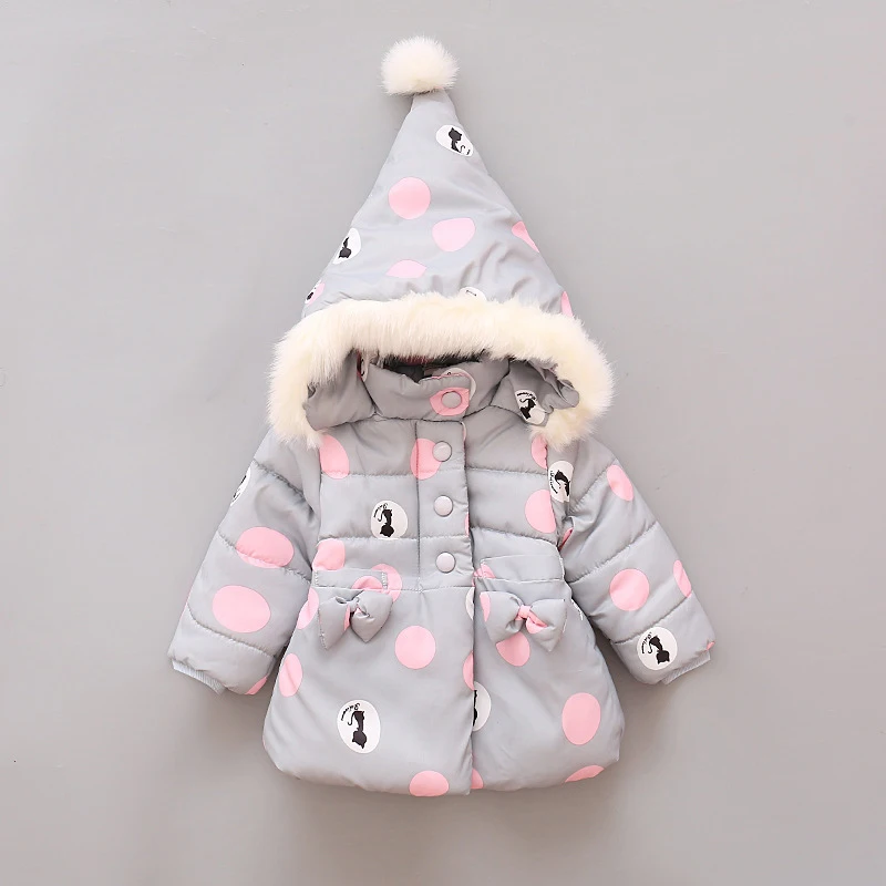 

Baby Girls Cotton Coat Long Sleeves Hooded Cartoon Print Bowknot Decor Winter AN88