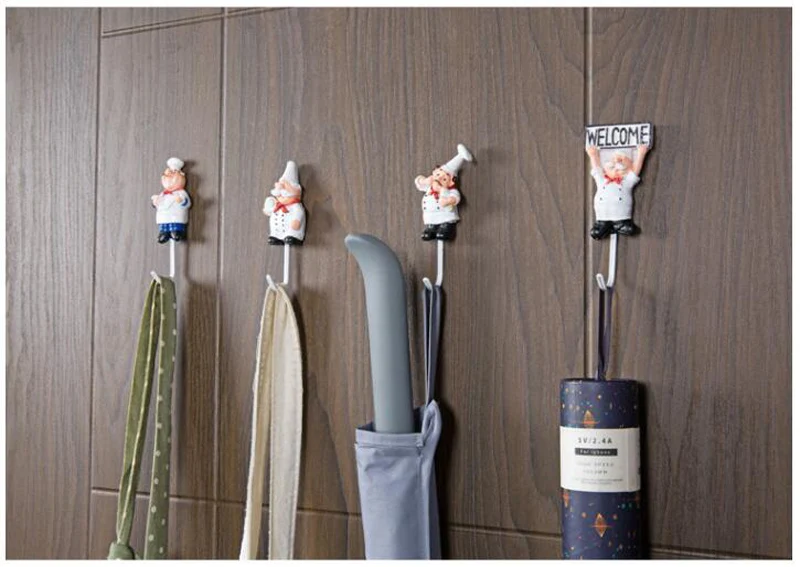 Resin Stainless Steel Hook Creative Wall Decoration Glue No Trace Hook Kitchen Bathroom Cute Chef Shape Strong Key Hooks (14)