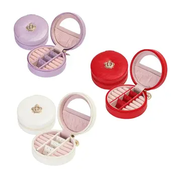 

Jewelry Storage Box Round Zipper Organizer Ring Earrings Ear Stud Necklace Bracelet Pocket Mirror Crown Decoration