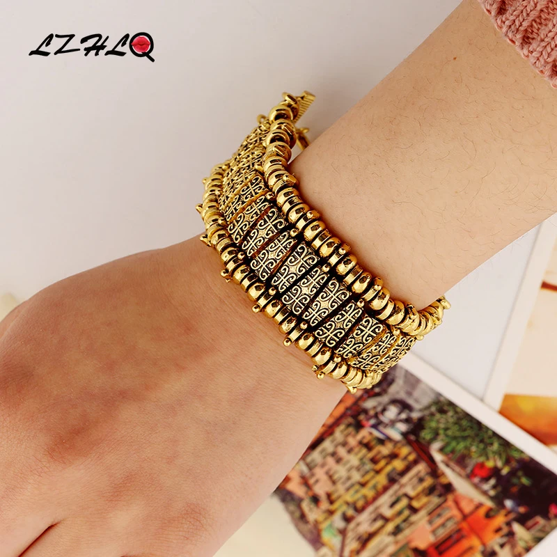

Vintage Carving Metal Alloy Bracelets Gold Plated Bracelet Fashion Geometric Jewelry Statement Ethnic Chains Bangle Accessories