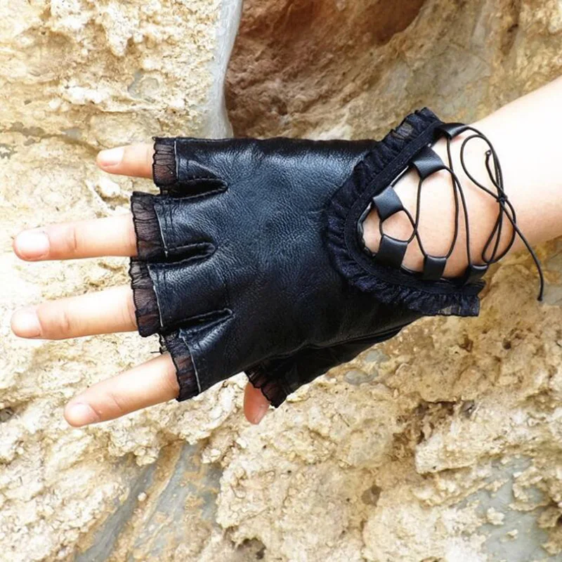 Модные женские черные перчатки с открытыми пальцами из мягкой овчины, сексуальные кружевные перчатки без пальцев из натуральной кожи, женские перчатки для танцевального костюма S59