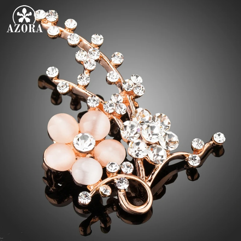 

AZORA Shinning Large Luxury Cat's Eye Stone Plant Flower Broches and Pins for Women Clear Austrian Rhinestone Brooch TP0080