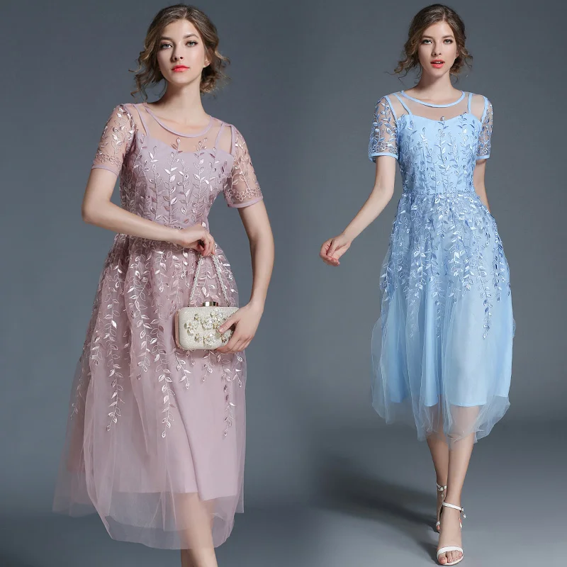 

2018 Summer High-End Women mesh Embroidery Party Dress Ladies O-Neck stitching Elegant Female Slim Sexy Long Dresses