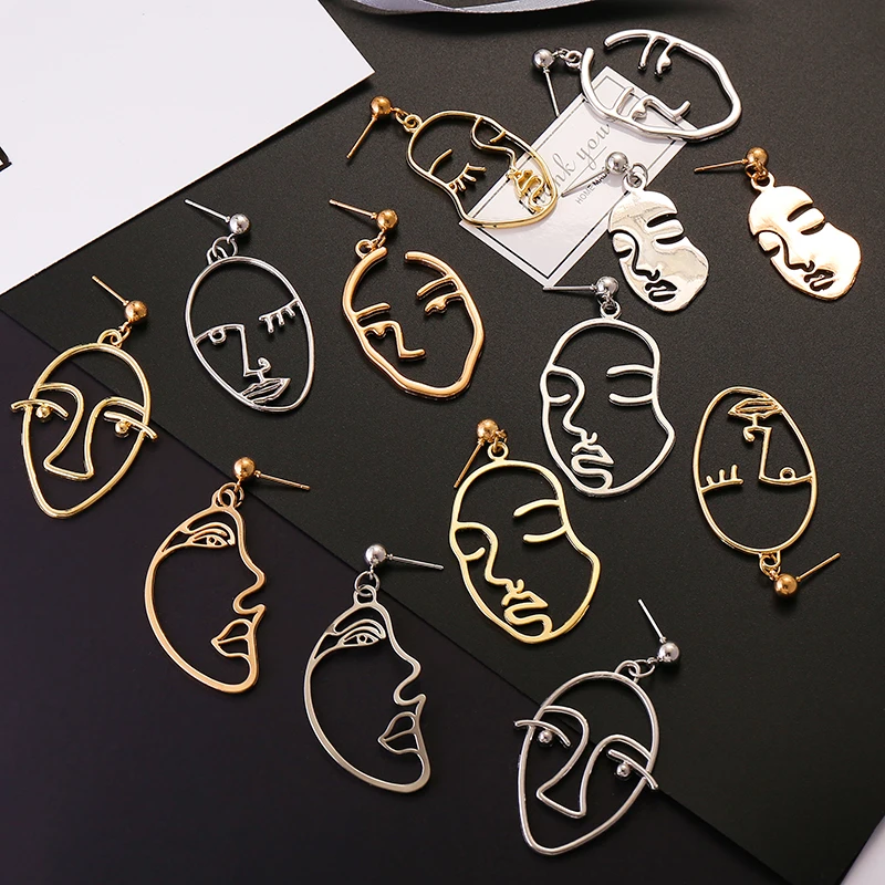 

Fashion Vintage Trendy Gold Silver Face Drop Earrings For Women Jewelry 2019 Hollow Abstract Human Art Facial Dangle Earrings
