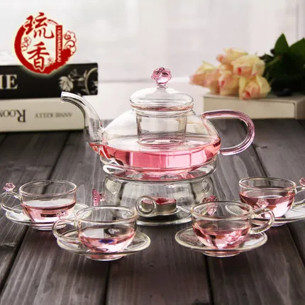 Чайный набор из термостойкого стекла, цветочный чайник с фильтром, чайный горшок, черные чайные цветы, чайный набор кунг-фу, полный набор послеобеденного чая - Цвет: 02 Set