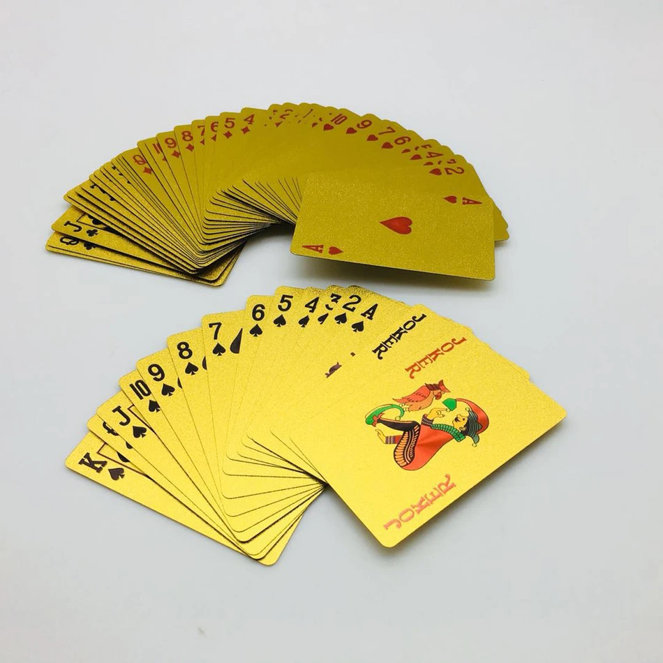 Golden Playing Cards Deck gold foil poker set Magic card 24K Gold Plastic Poker Durable Waterproof Cards magic customized product、hot sale customized logo printed eco paper online order gold foil thank you card for supporting small