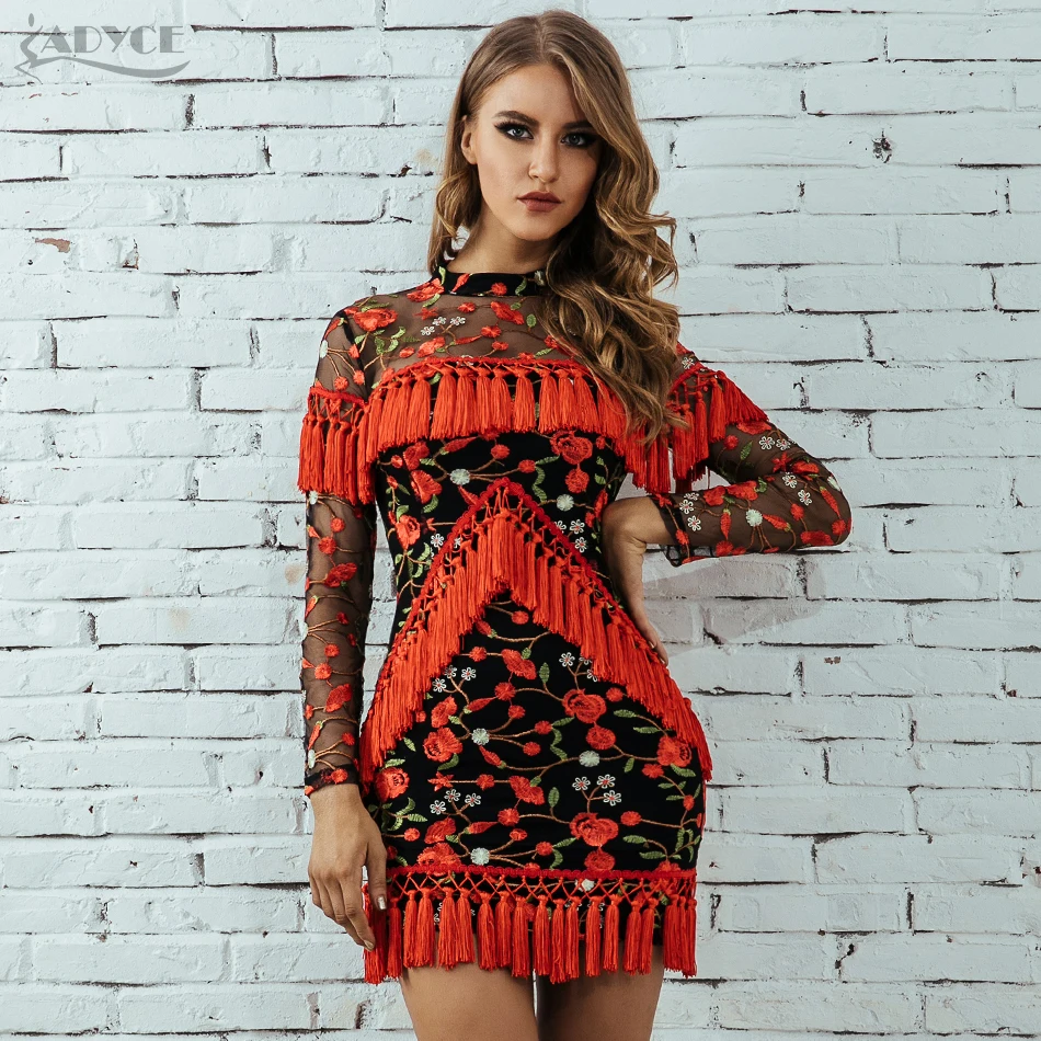 

Adyce 2019 New Fringe Dress Women Tassel Bodycon Dress Sexy Long Sleeveless Mesh Hollow Out Mini Celebrity Party Dress Vestidos