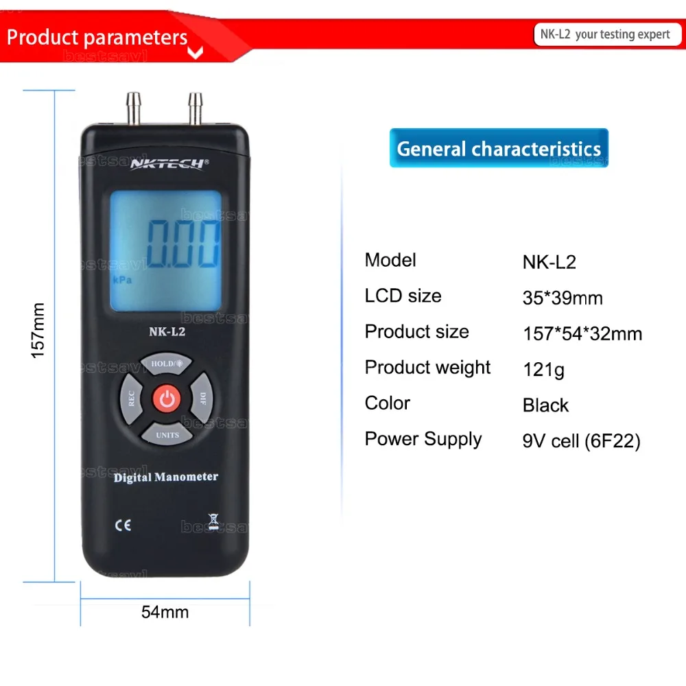 NKTECH NK-L2 LCD Digital Manometer Differential Gauge Air Pressure Meter 2Psi Data Hold 11 Units manometro air compressor gauge