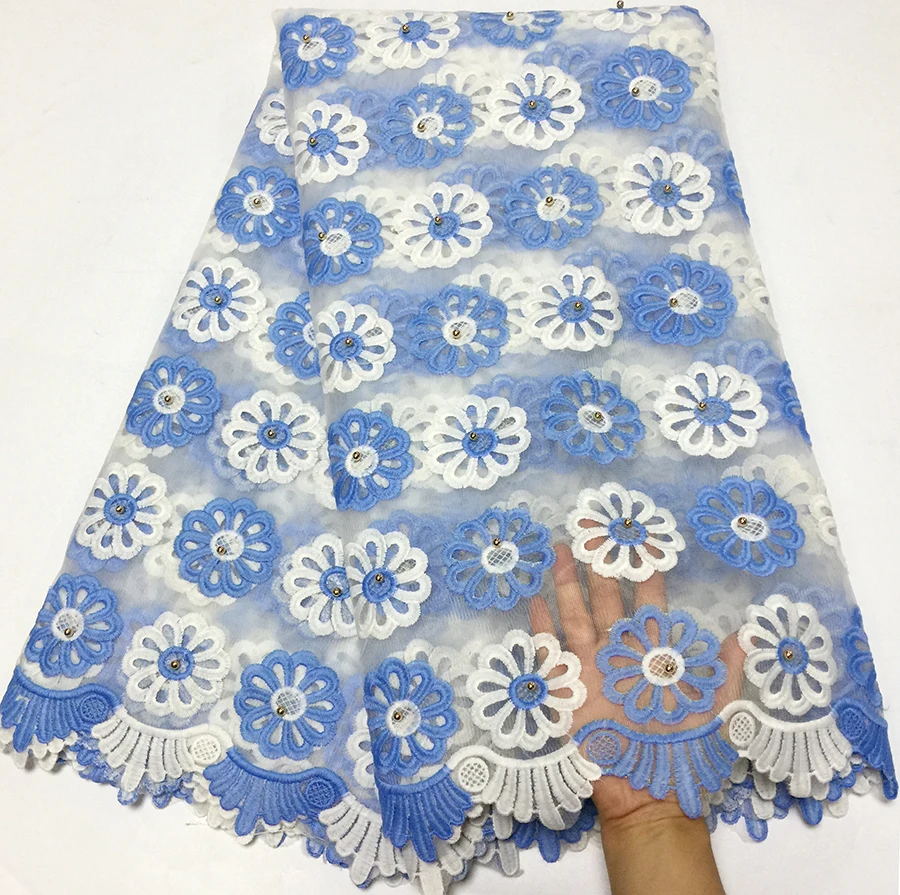 

Free shipping Africa tulle lace fabric high quality white+ Sky blue fashion milk silk embroid wedding 5 yard French lace fabrics