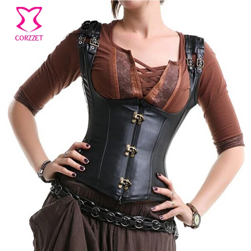Black Faux Leather Sexy Cupless Bustier Corset Underbust Steampunk Gothic Waist Trainer Corsets Vest Steel Bone