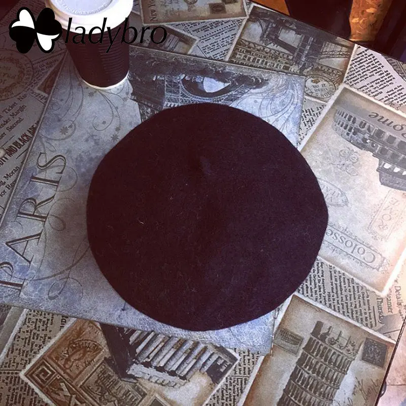 Ladybro кашемировая осенне-зимняя шапка, женский шерстяной берет, женская мягкая теплая шапка Tocas для художника, плоская кепка для девушек, повседневная женская шапка - Цвет: black