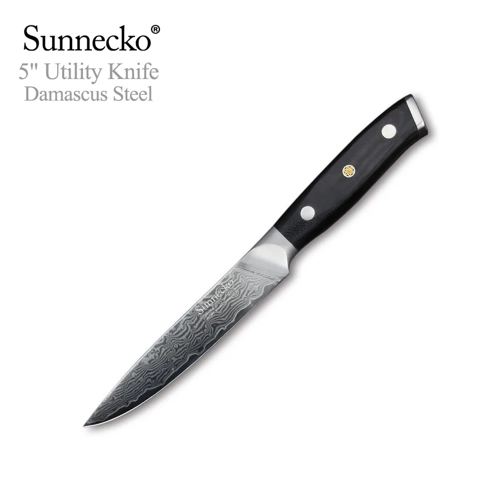 

SUNNECKO 5"Utility Knife Japanese 73 Layers Damascus VG10 Steel Razor Sharp Blade Kitchen Knives G10 Sanding Handle Cutter Tools
