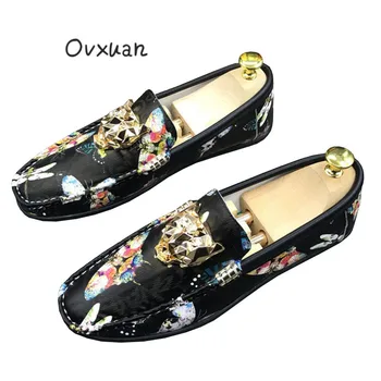 

Ovxuan Men Loafers 3D Gold Metal Tiger Head Butterfly Camouflage Luxury Brand Handmade Men Shoes Casual Slip on Boat Shoes Men