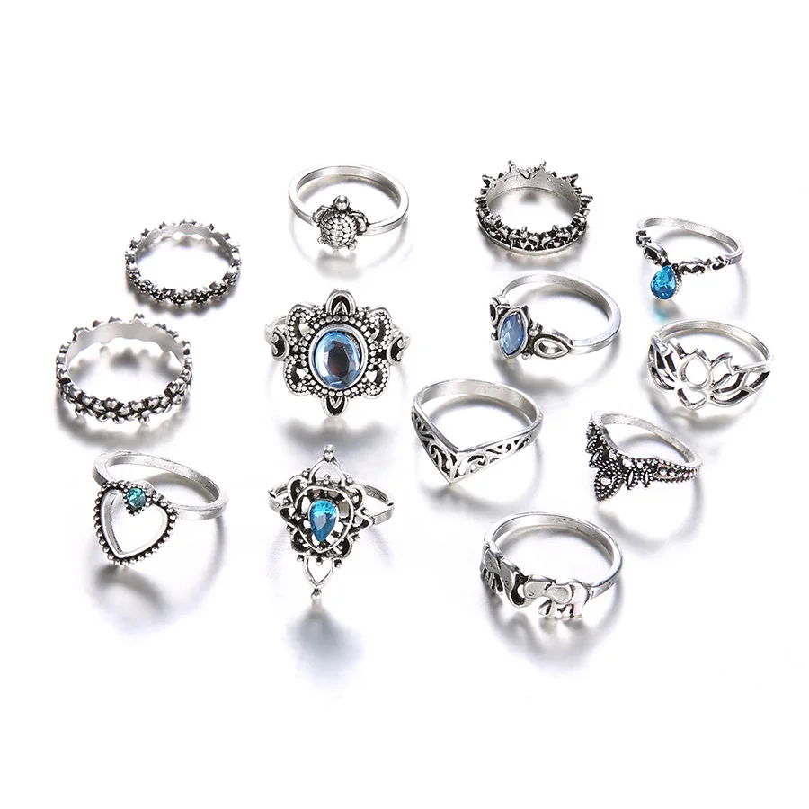 

156 Pieces/Lot Antique Silver Color Knuckle Ring Set Women Flower Circle Hollow Lotus Crown Heart Middle Finger Rings Jewelry