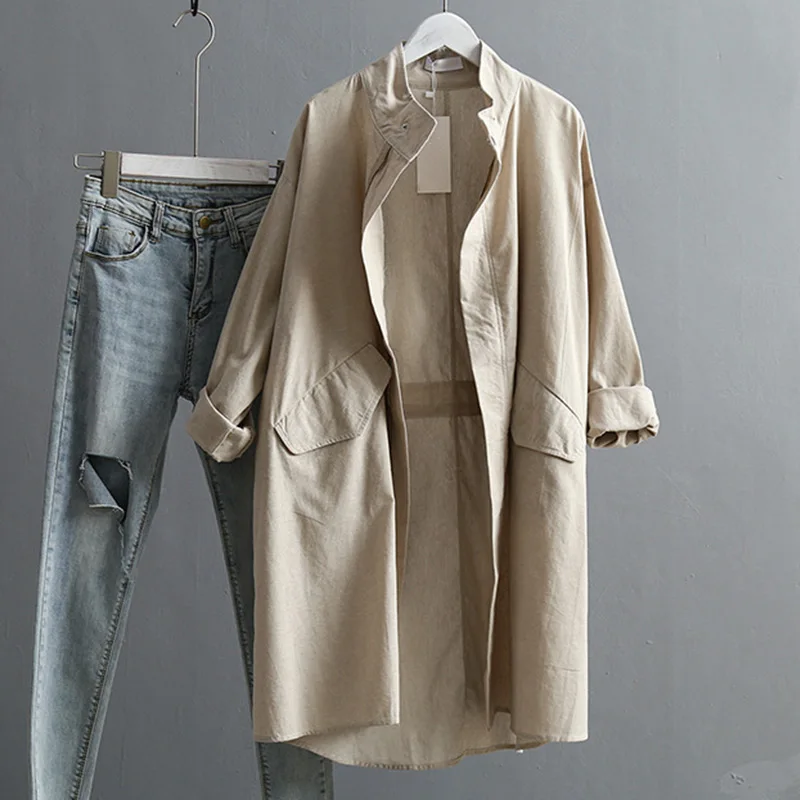 Women Cotton Linen Vintage Zipper Trench Coats Long Sleeve Zipper Turn Down Collar Ladies Coat 2019 Autumn Winter Streetwear Top