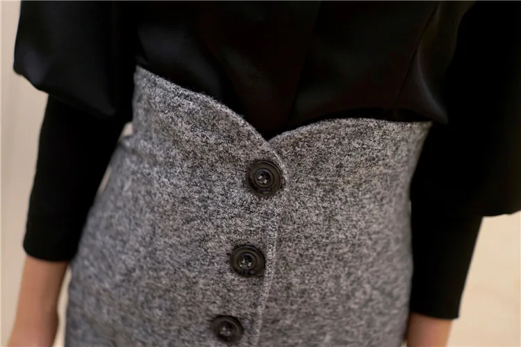Офисная Женская Женский комплект 2 шт., весенне-осенняя блузка с рукавами-фонариками, рубашка, топ+ однобортная шерстяная юбка-карандаш с разрезом, костюм