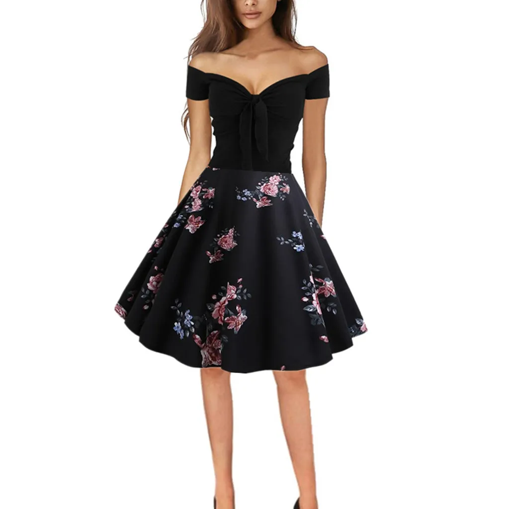 

Feitong Elegant Floral Printing Dress Women Vintage 1950s Retro Off Shoulder Short Dresses Lady Evening Party Prom Swing Dress
