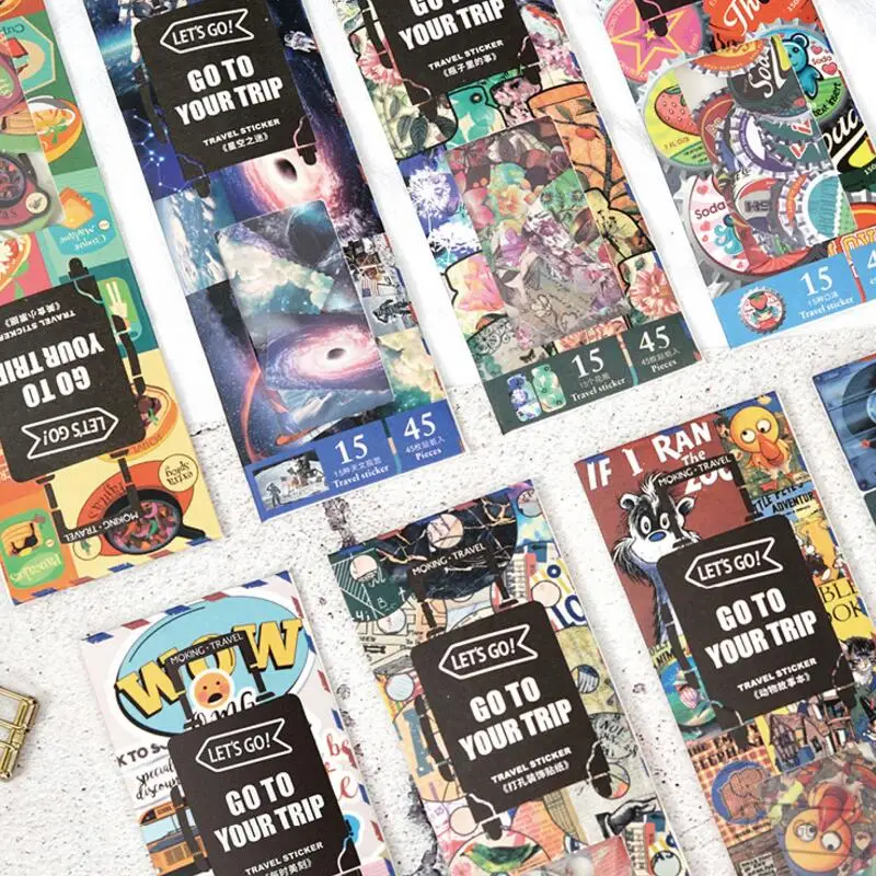 

45 pcs/Set Retro Notebook Stamp/Planet/Food/Animal Sticker Travel Vintage Cowhide Diary Adhesive Decor Decoration Label Memo Pad