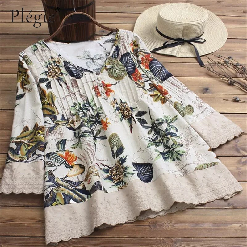 

Plegie Floral Print Shirt Blouse Women V Neck Three Quarter Sleeve Embroidery Shirts Cotton And Linen Womens Tops And Blouses