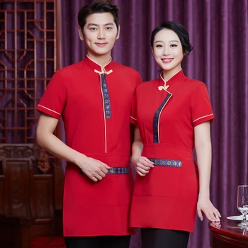 

New Hotel Uniform Summer Female Cashier Farmhouse Restaurant Waiter Short Sleeved Work Clothes Waitress Uniform J144