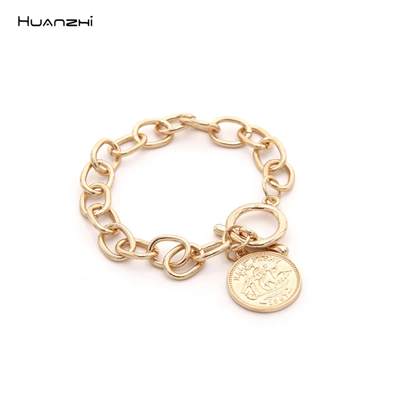 HUANZHI Korean New Geometric Human Avatar Coin Sailing Ship Gold Alloy Chain Jewelry Bangle for Women Girls Party Bar