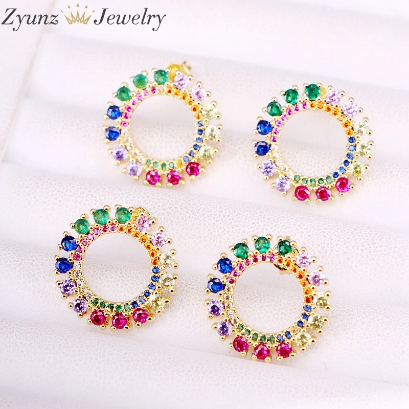 

5Pairs, Rainbow Round Circle Shape Colorful Crystal cz micro pave delicate earring studs