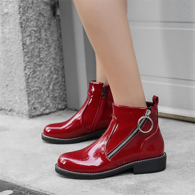 Meotina/женские ботинки зимние ботильоны полусапожки из лакированной кожи на толстом каблуке модная обувь на молнии Женская Осенняя обувь красного цвета размера плюс 33-43