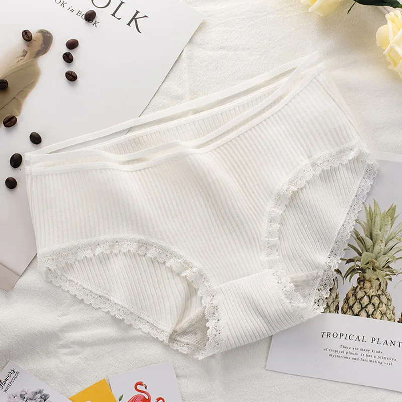 Women's Cotton Panties Female Striped Breathable Briefs Sexy Lace Decoration Underwear Women Plus Size L XL XXL Lingerie Intimates  (10)