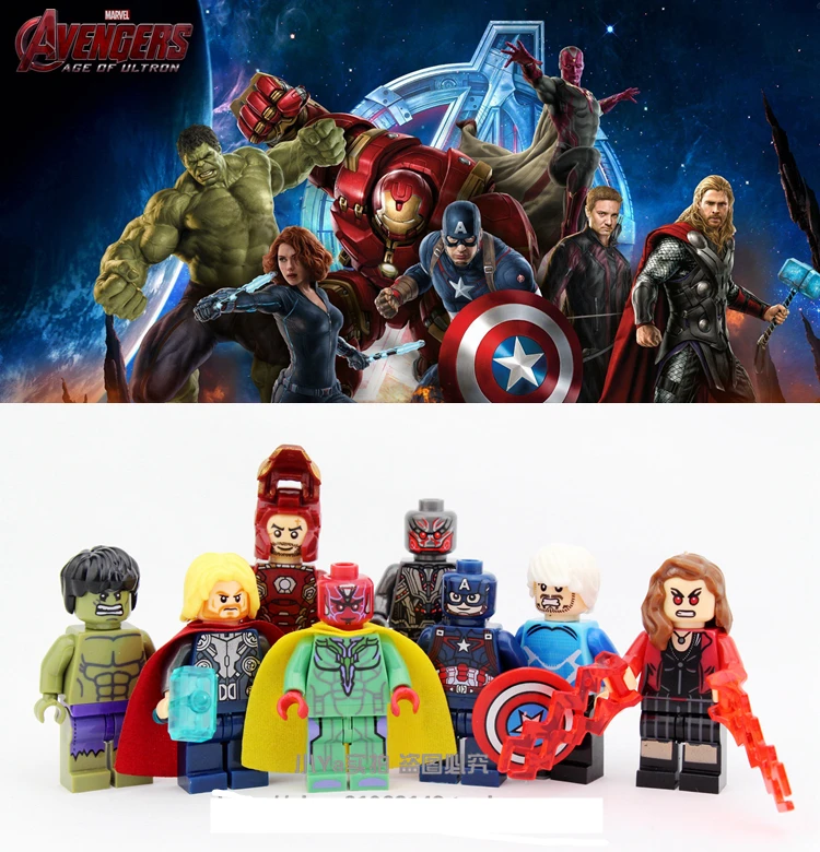 

8pcs Avengers Hulk Thor Iron Man Vision Ultron QuickSliver Scarlet Witch Captain America Building Blocks minifig Kids Toys Gifts